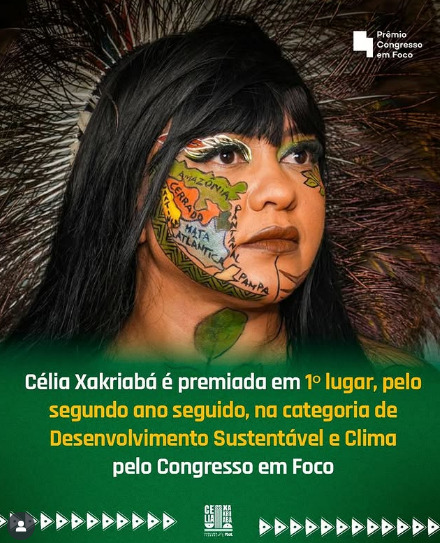 Célia Xacriabá é premiada em 1º lugar, pelo segundo ano seguido, na categoria de Desenvolvimento Sustentável e clima pelo Congresso em Foco