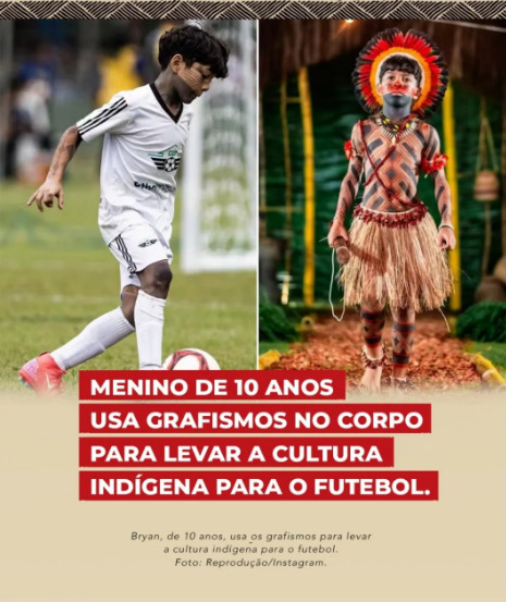 Menino de 10 anos usa grafismos no corpo para levar a cultura indígena para o futebol